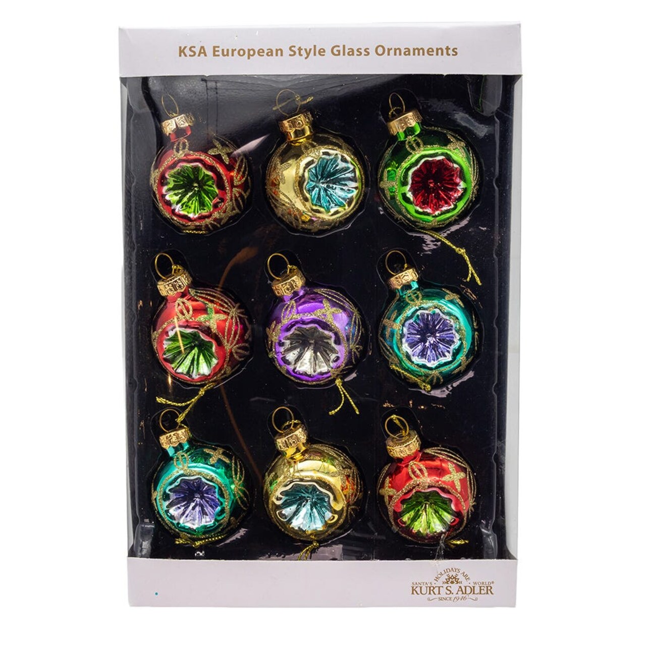 Kurt Adler 45MM Miniature Multicolored Glass Reflector Christmas Ornaments, 9-Piece Boxed Set